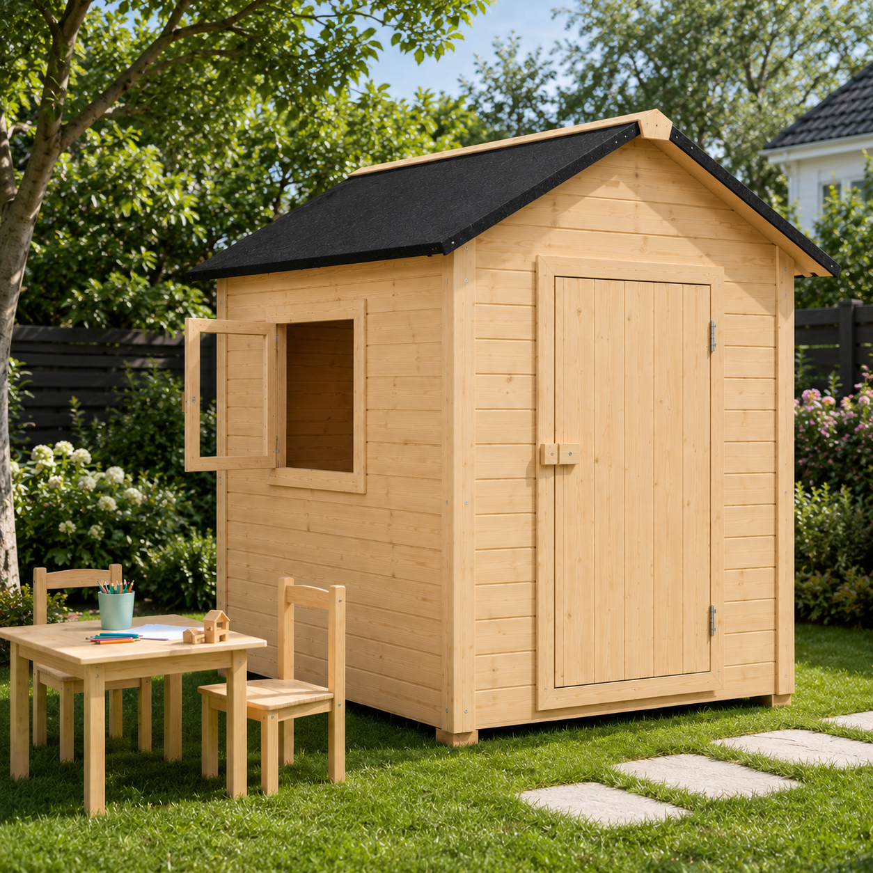 Duży drewniany domek dla dzieci 120 × 80 cm – podłoga, drzwi, okno i papa w cenie - obrazek 2