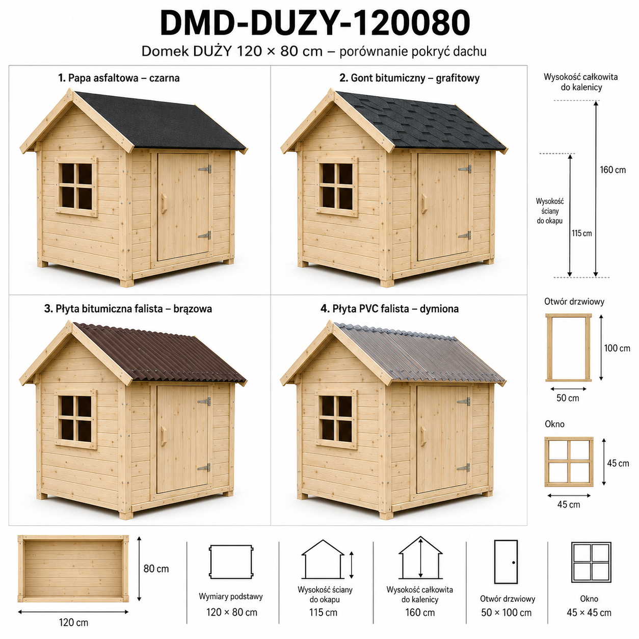 Duży drewniany domek dla dzieci 120 × 80 cm – podłoga, drzwi, okno i papa w cenie - obrazek 5
