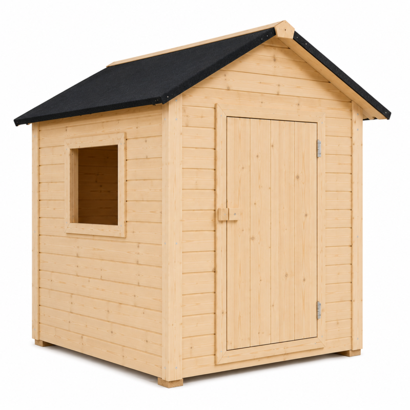Duży drewniany domek dla dzieci 120 × 80 cm – podłoga, drzwi, okno i papa w cenie